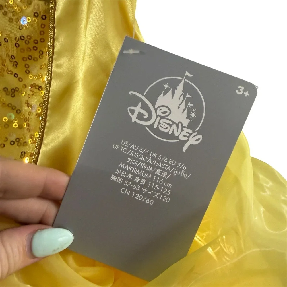 Disney Belle Costume Dress Girls Size 5/6 Yellow Sequin Rose Princess Gown NWT
